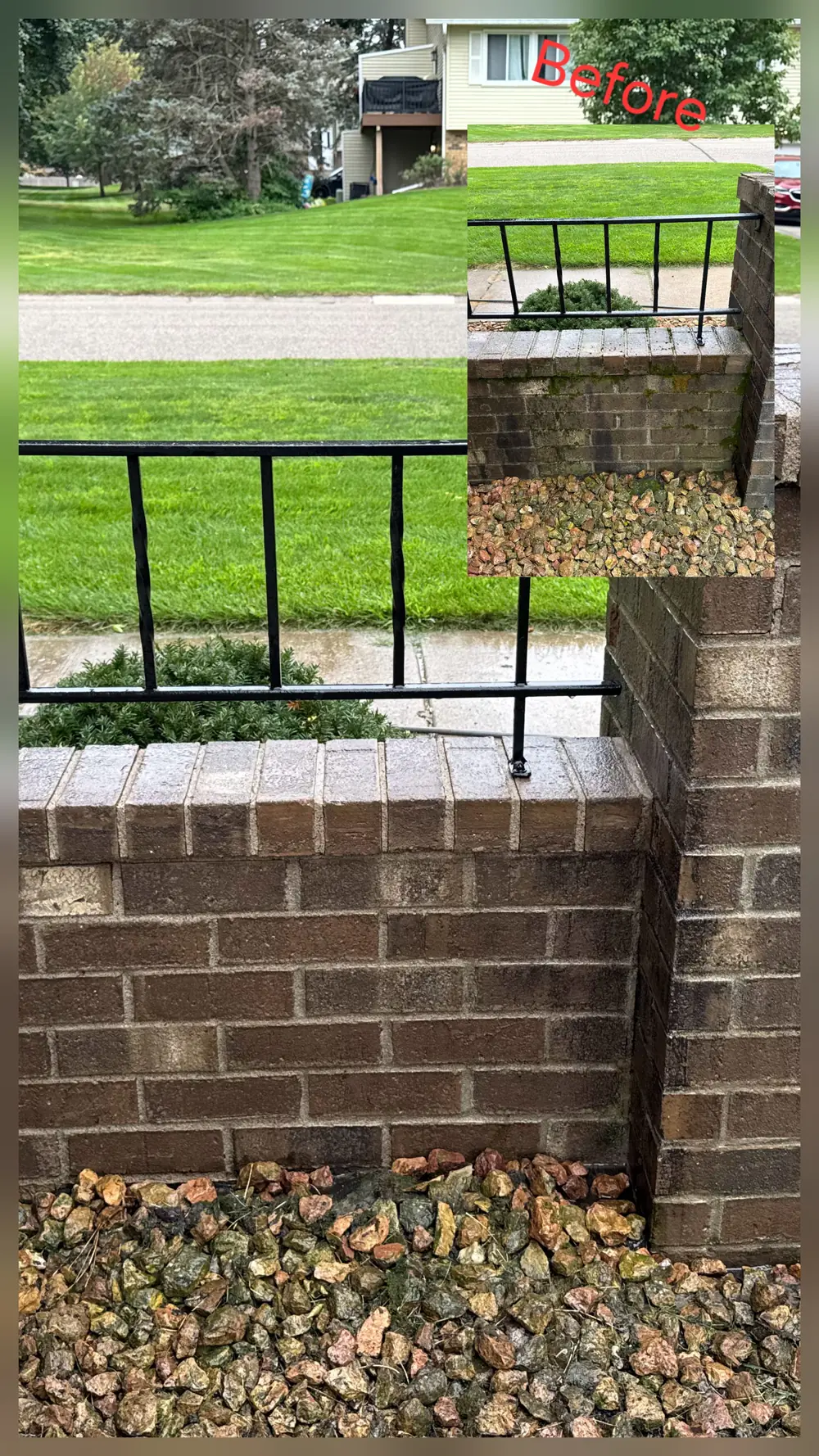 Before and after pressure washing a brick entry wall and walkway at a Twin Cities home